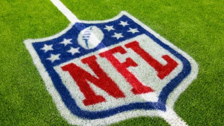 The NFL shield on the grass during a game